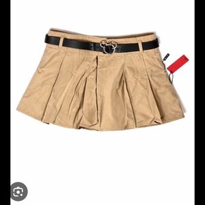 Disney Tan Pleated Skater Mini Skirt with Black Heart-Buckle Belt